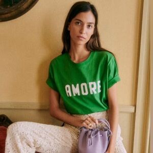 Sezane Amore T-shirt Green / Ecru - Size XS NWT